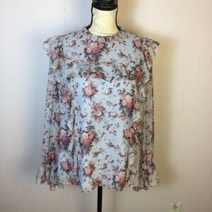 RP Rachel Parcell Ice Sofia Blouse Top Sz L Woman Blue Floral Long Sleeve Ruffle